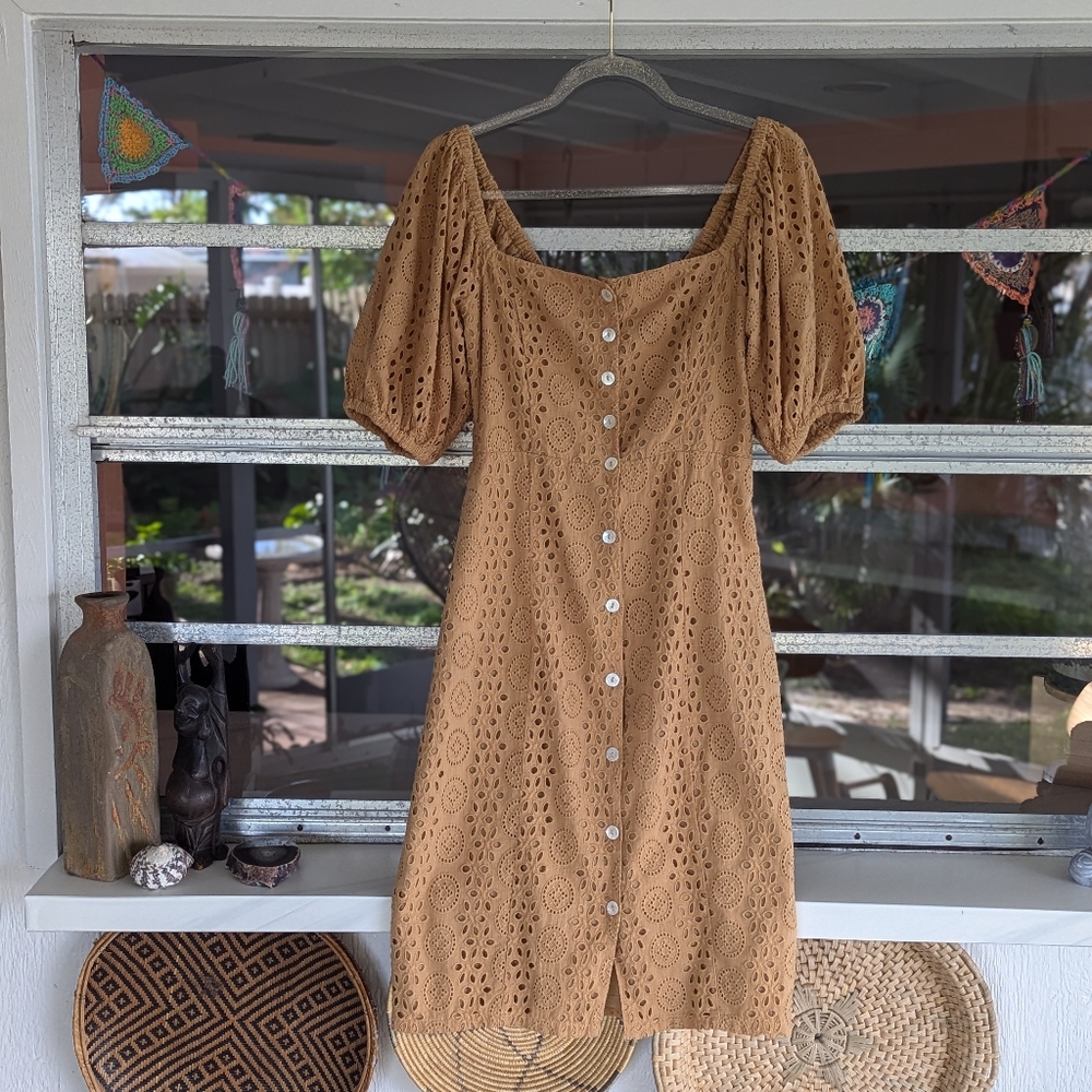 Puff-Sleeve Eyelet Midi Dress in Camel - Picture 7 of 13